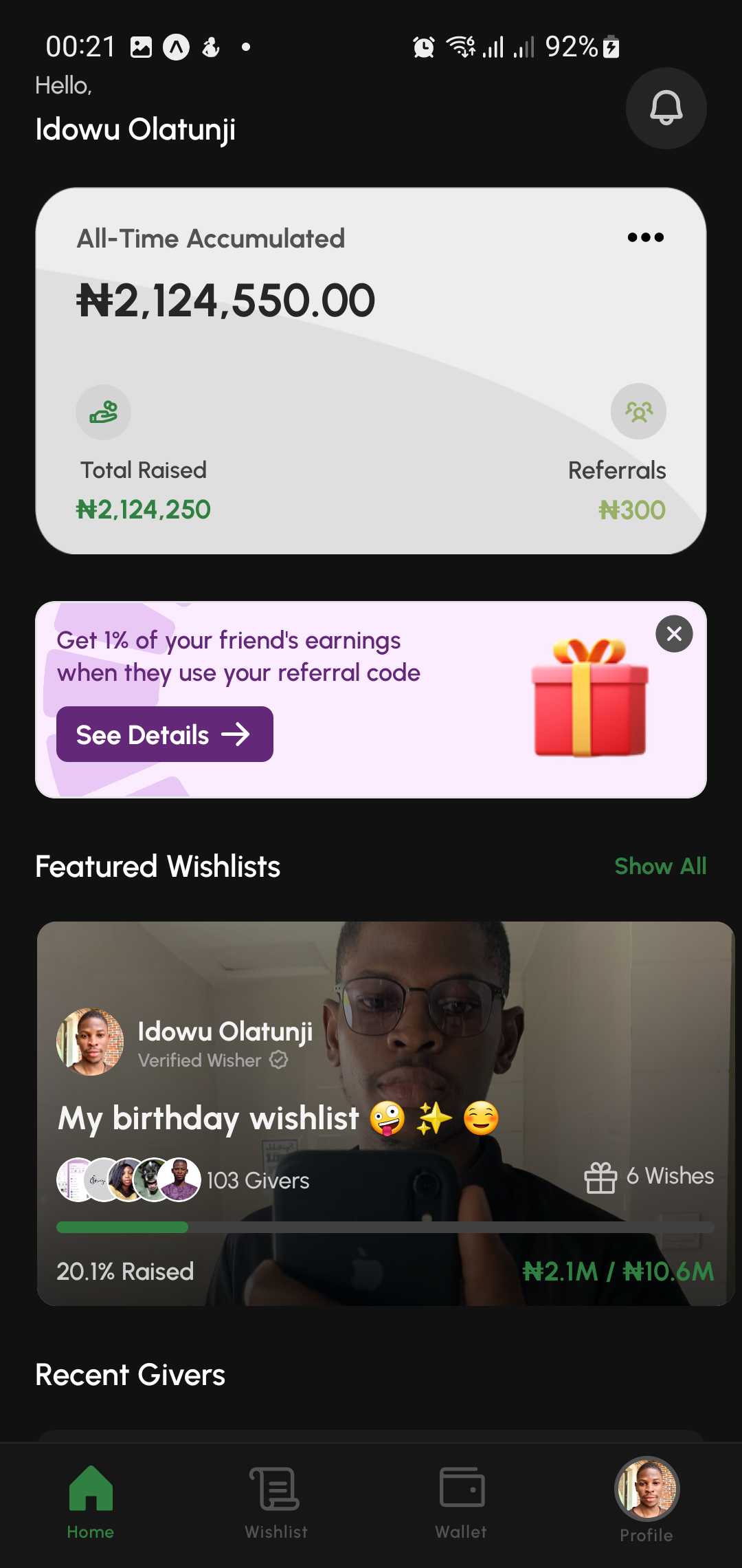 Wisher app home screen